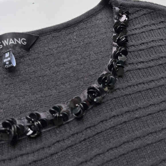 Ming Wang Ruffle Floral Sequin Embellished Short Sleeve Top Black Womens Medium - Picture 10 of 10